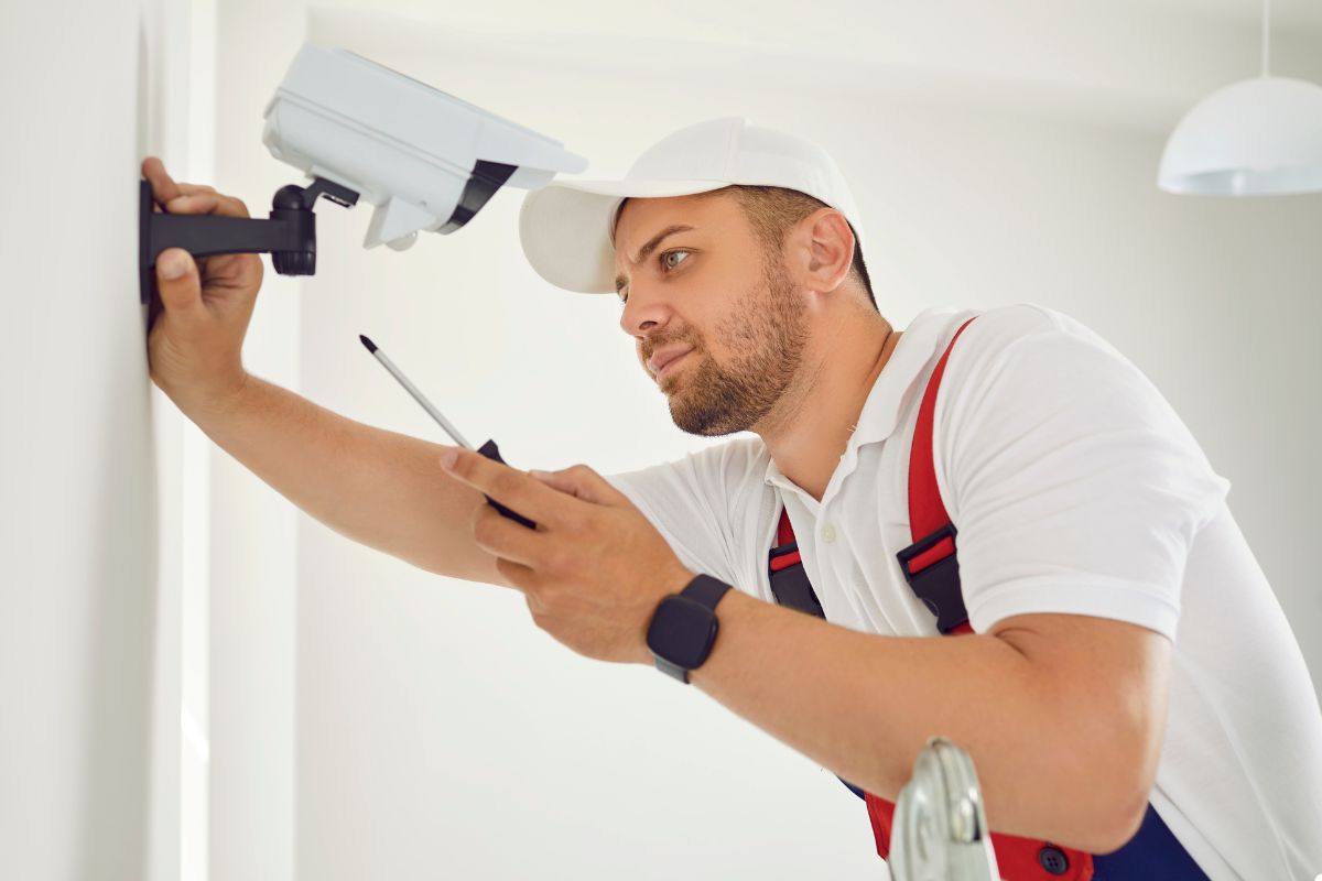 A man dressed in a white shirt and hat is engaged in fixing a camera, showcasing his expertise in photography equipment.