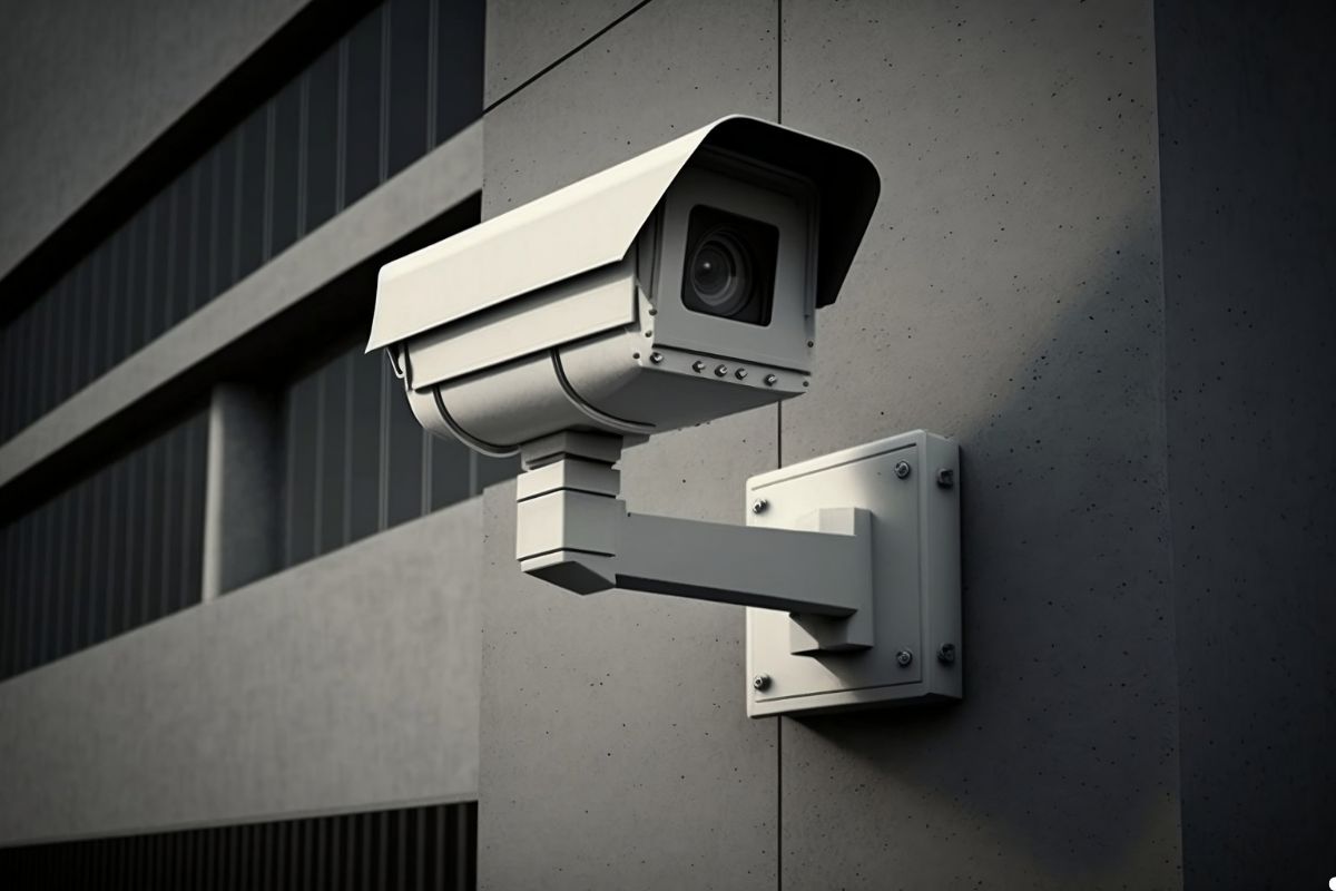 Security camera mounted on a wall, monitoring the area near a building for safety and surveillance purposes.