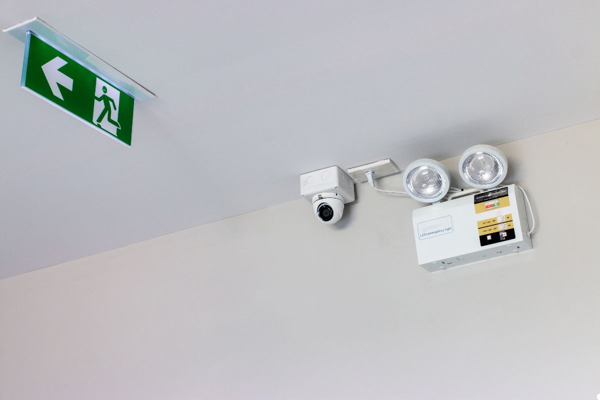 White ceiling featuring a green sign and two surveillance cameras mounted on it.